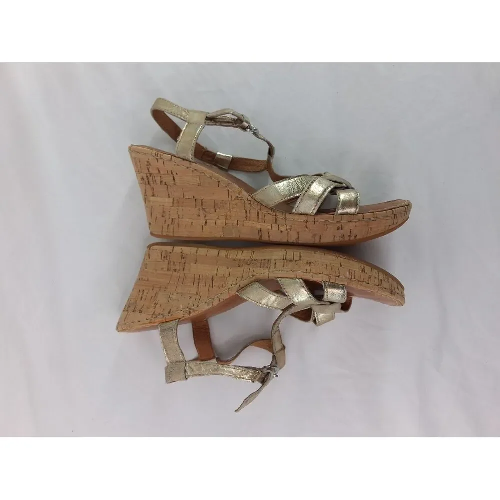 Born Women's 8 Metallic Gold Leather T-Strap Cork Wedge Sandals